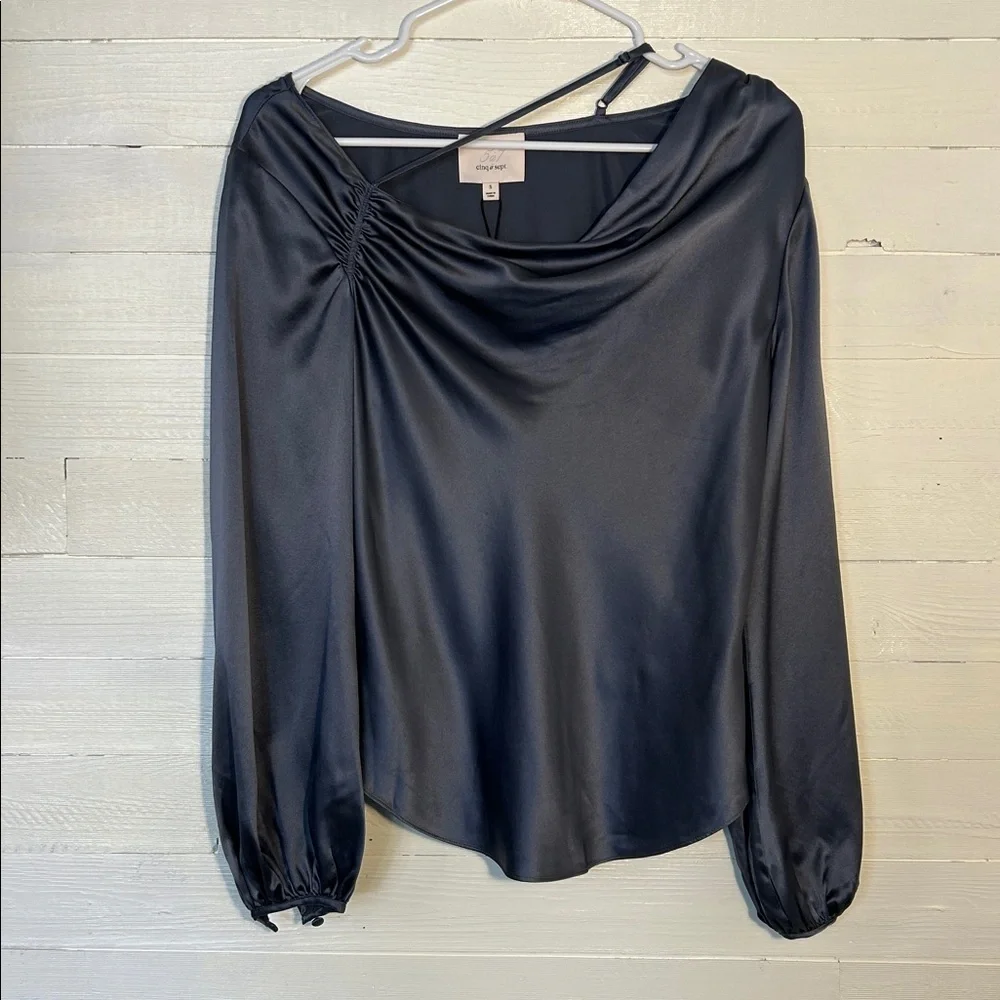 NWT Cinq A Sept Jordy Cowlneck 100% silk blouse. Blue gray women’s size small. - Picture 3 of 9